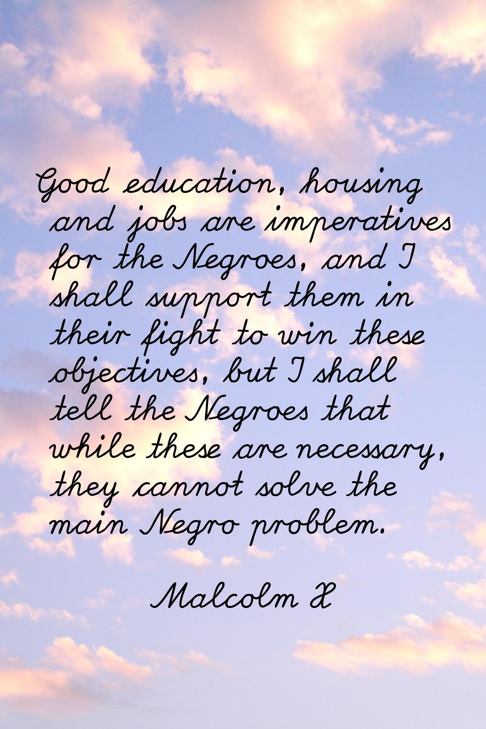 Good education, housing and jobs are imperatives for the Negroes, and I shall support them in their