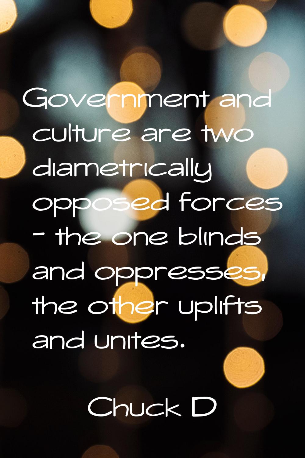 Government and culture are two diametrically opposed forces - the one blinds and oppresses, the oth