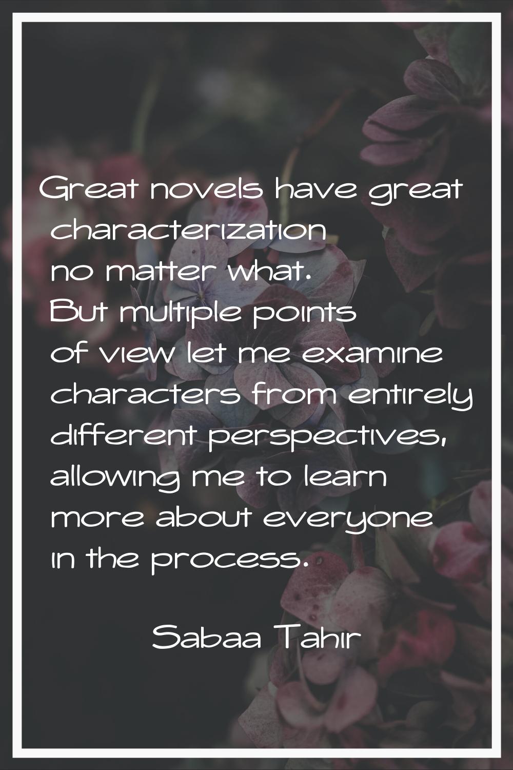 Great novels have great characterization no matter what. But multiple points of view let me examine