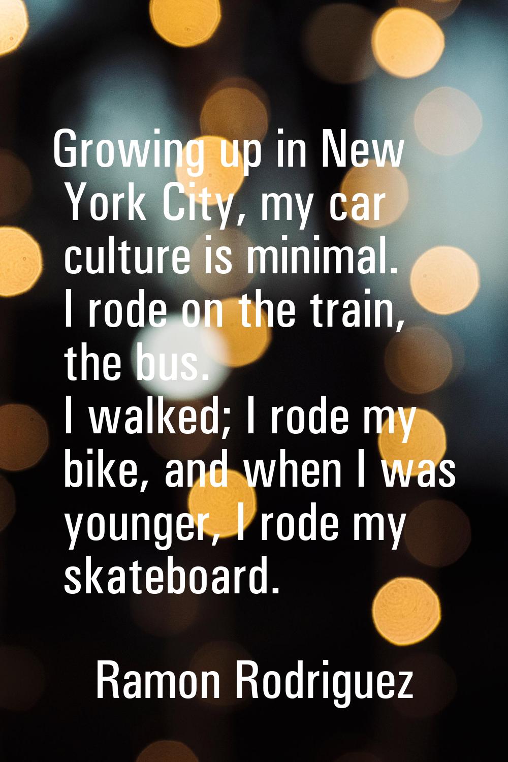 Growing up in New York City, my car culture is minimal. I rode on the train, the bus. I walked; I r