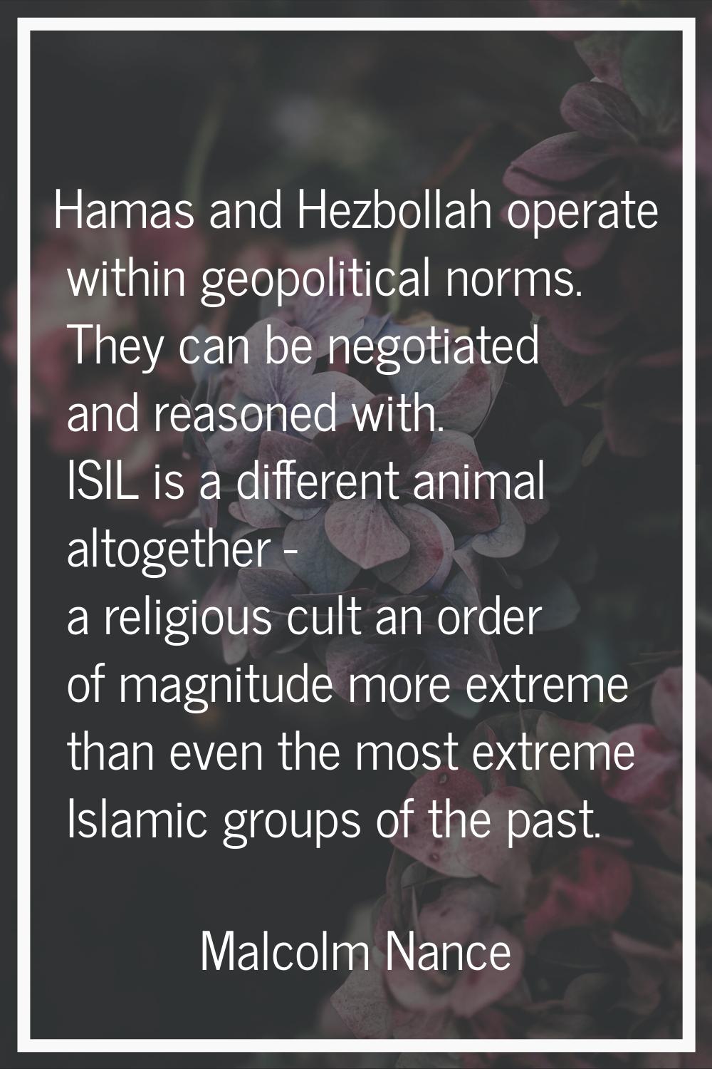 Hamas and Hezbollah operate within geopolitical norms. They can be negotiated and reasoned with. IS