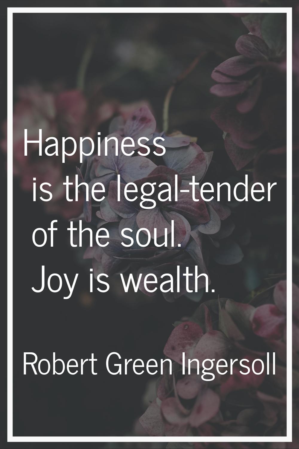 Happiness is the legal-tender of the soul. Joy is wealth.