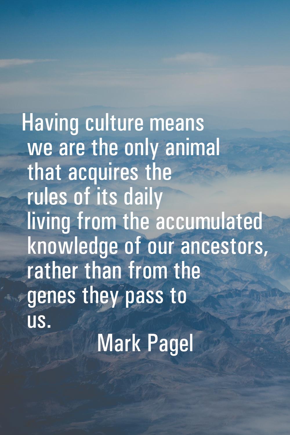 Having culture means we are the only animal that acquires the rules of its daily living from the ac