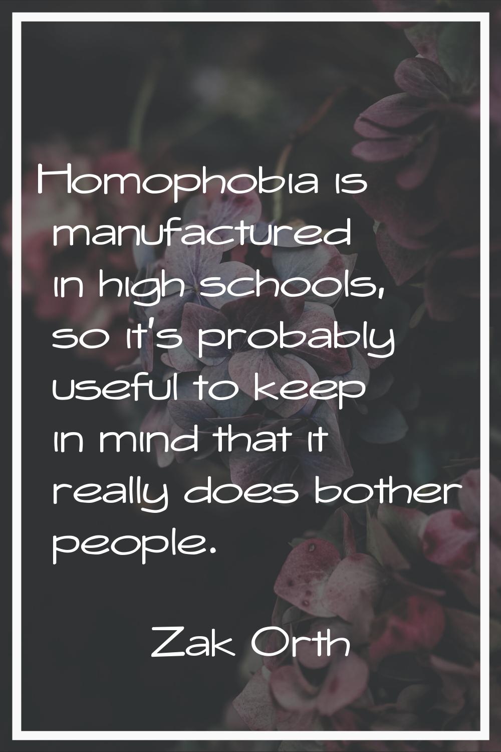 Homophobia is manufactured in high schools, so it's probably useful to keep in mind that it really 