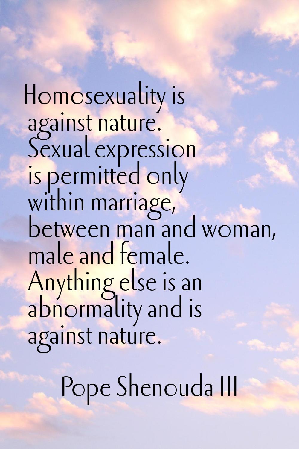 Homosexuality is against nature. Sexual expression is permitted only within marriage, between man a