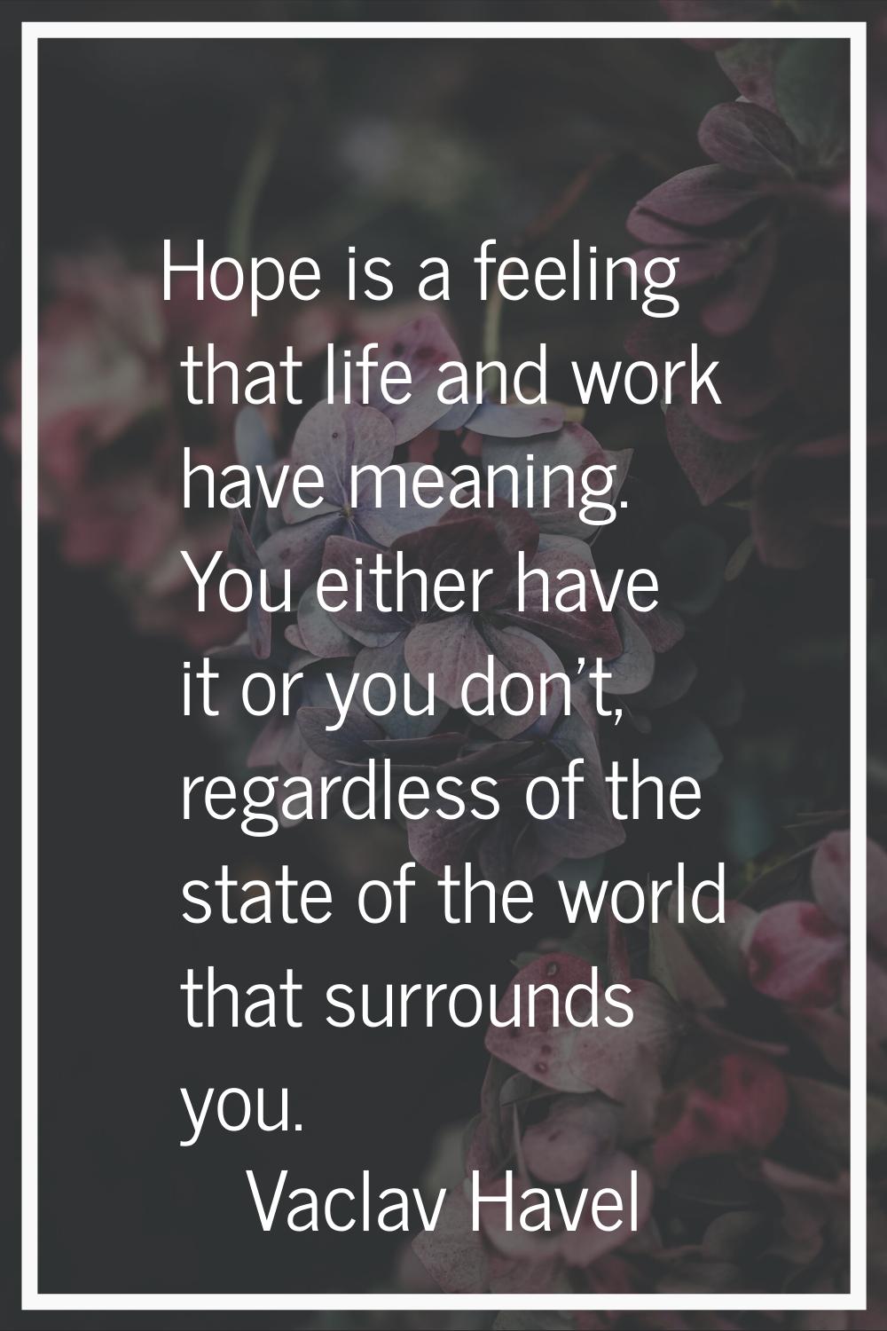 Hope is a feeling that life and work have meaning. You either have it or you don't, regardless of t