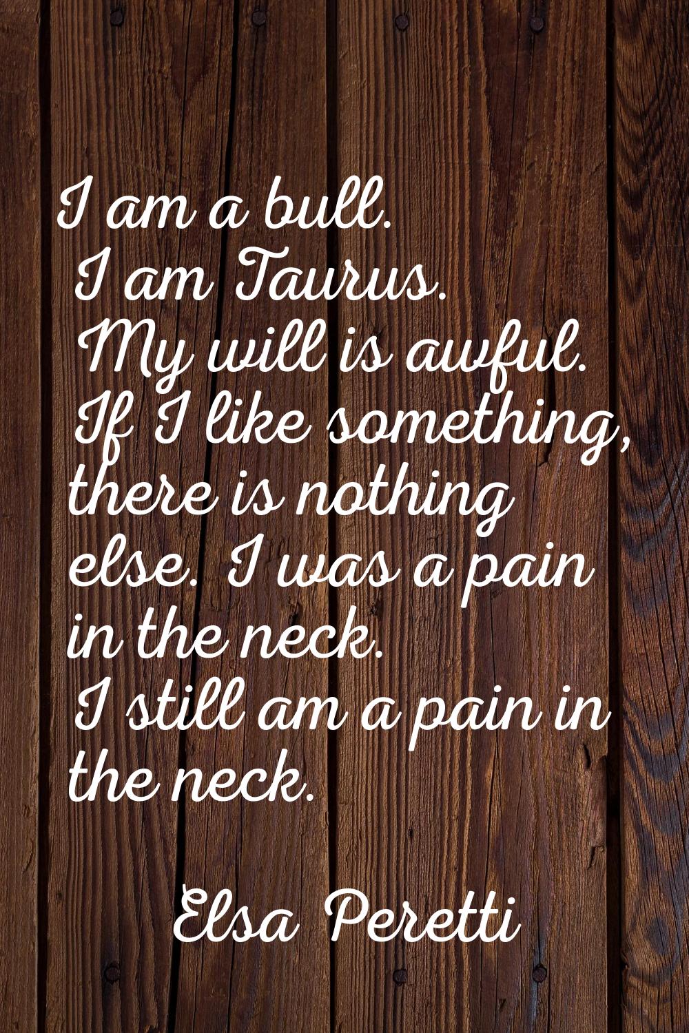 I am a bull. I am Taurus. My will is awful. If I like something, there is nothing else. I was a pai