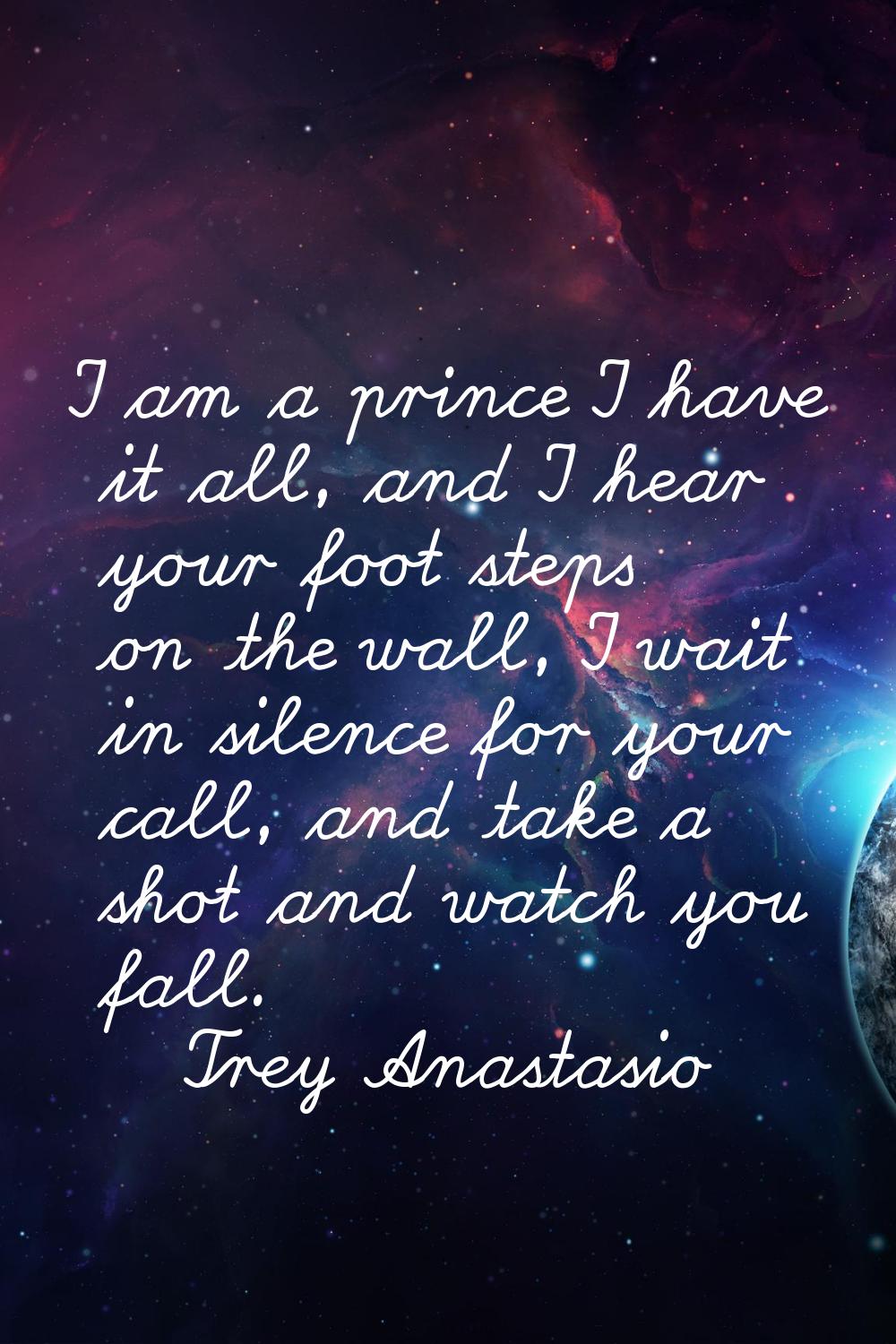 I am a prince I have it all, and I hear your foot steps on the wall, I wait in silence for your cal
