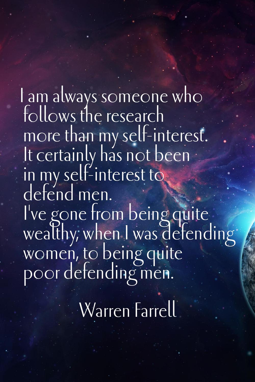 I am always someone who follows the research more than my self-interest. It certainly has not been 
