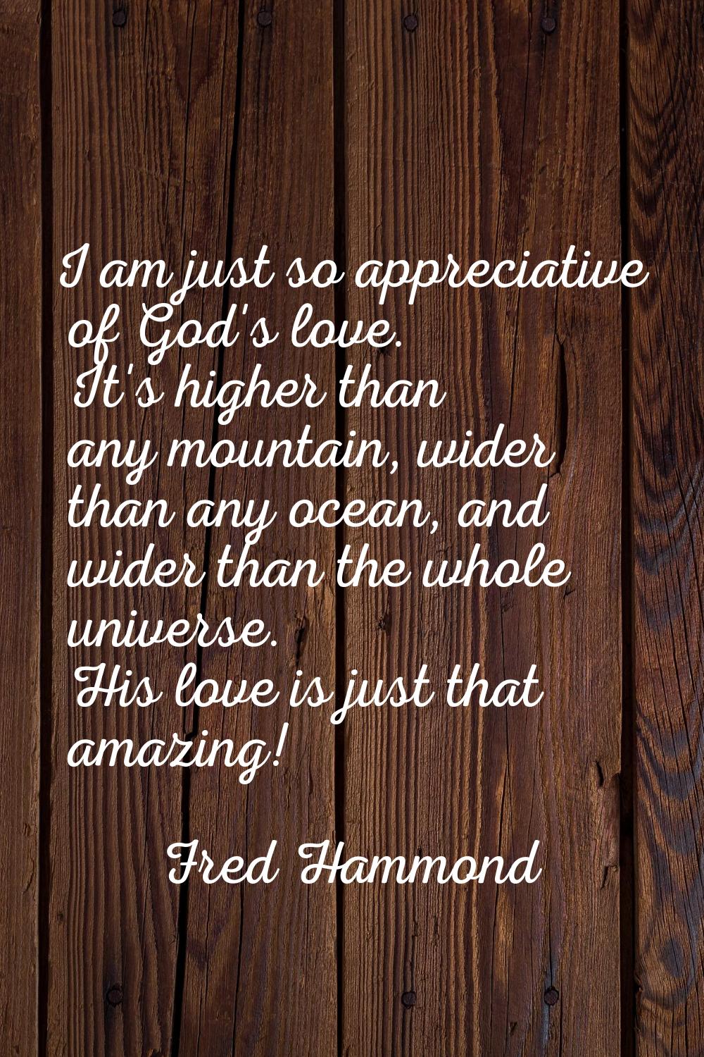 I am just so appreciative of God's love. It's higher than any mountain, wider than any ocean, and w