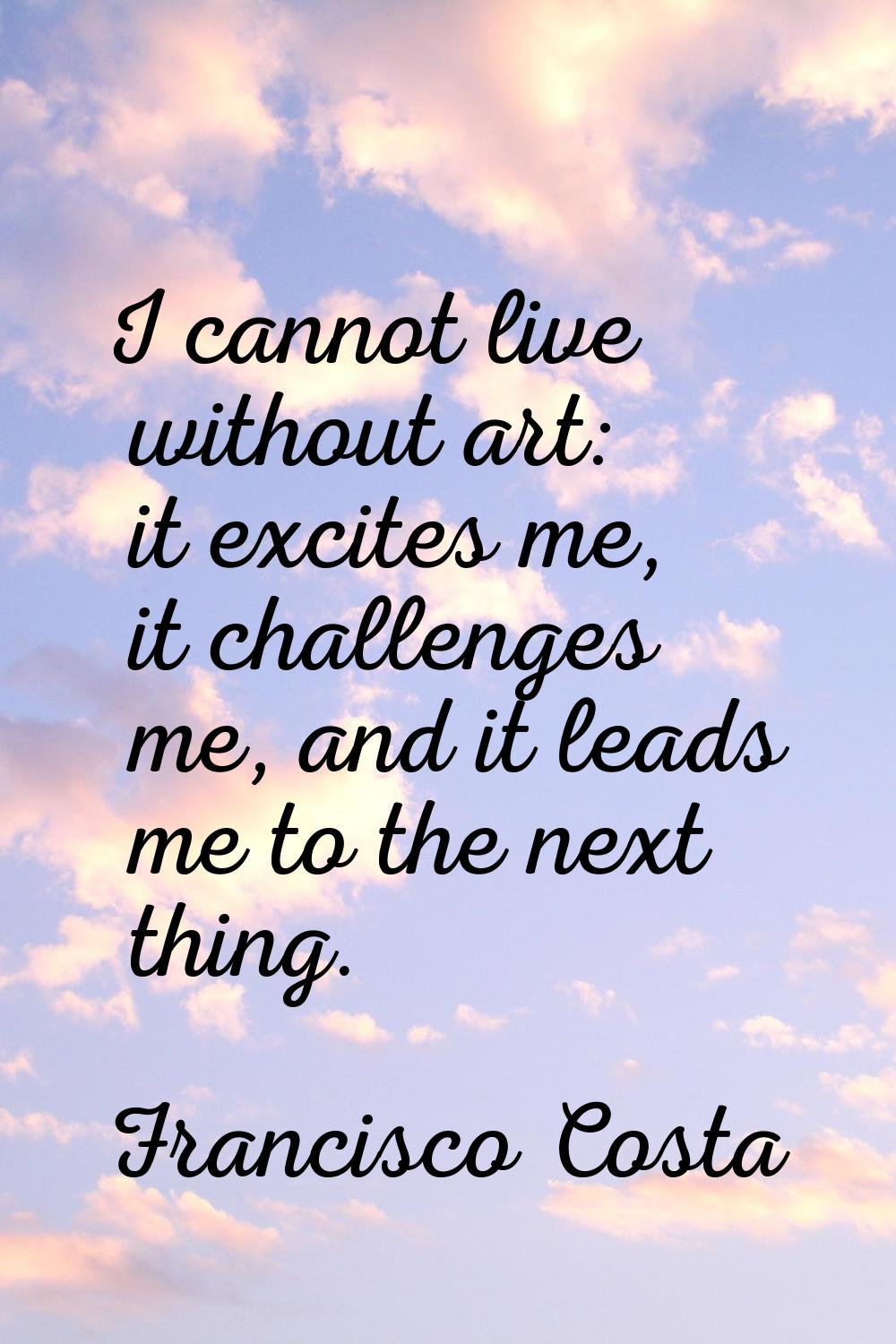 I cannot live without art: it excites me, it challenges me, and it leads me to the next thing.