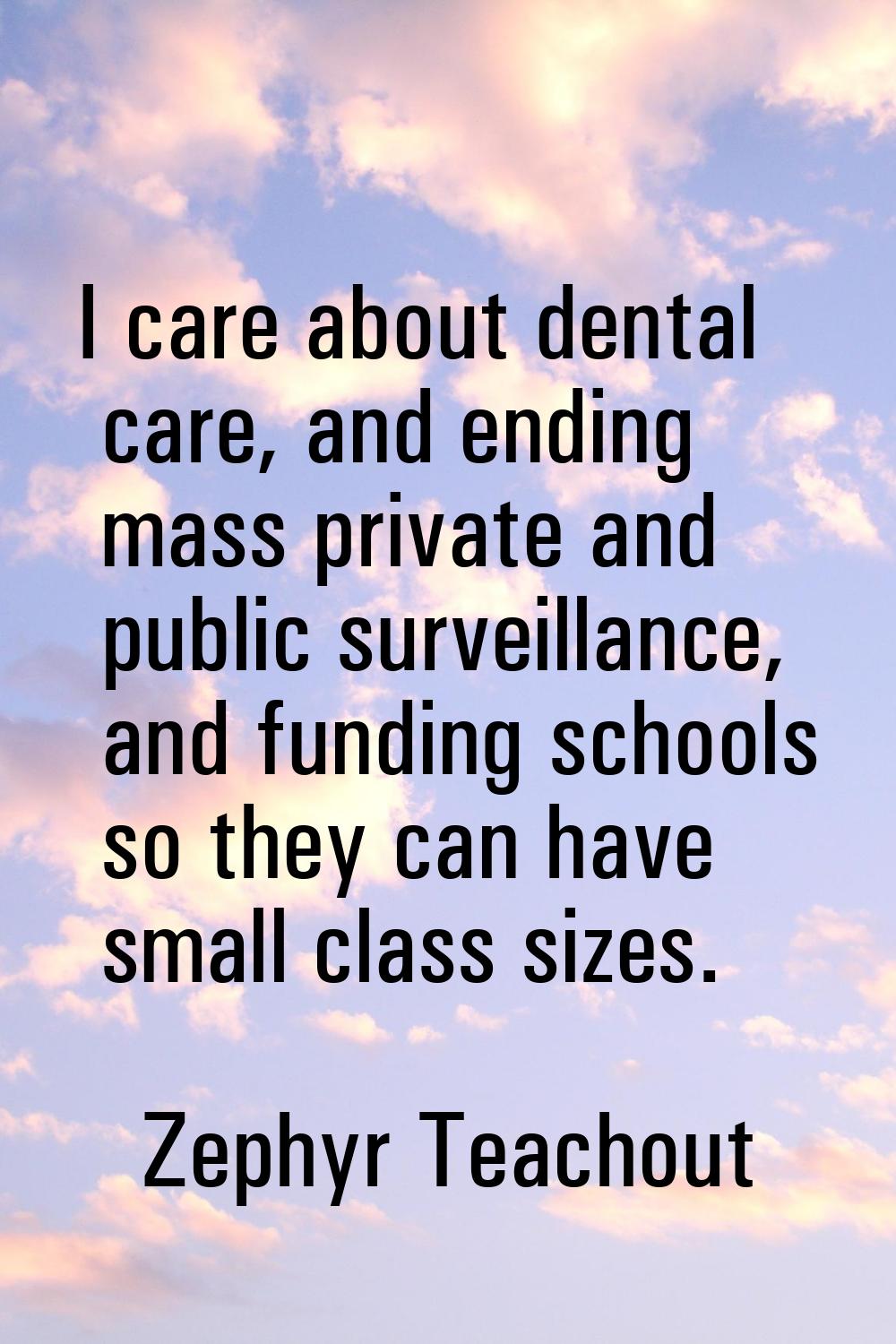 I care about dental care, and ending mass private and public surveillance, and funding schools so t