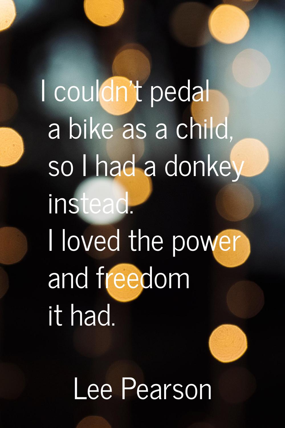 I couldn't pedal a bike as a child, so I had a donkey instead. I loved the power and freedom it had