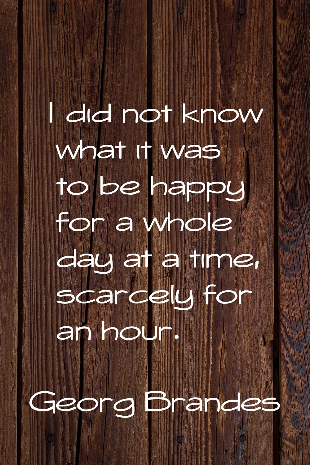 I did not know what it was to be happy for a whole day at a time, scarcely for an hour.