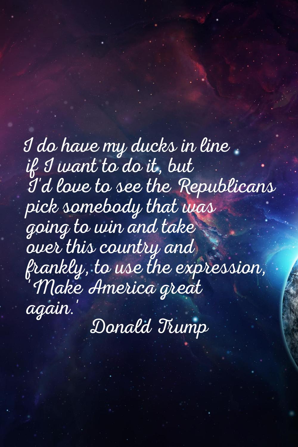 I do have my ducks in line if I want to do it, but I'd love to see the Republicans pick somebody th