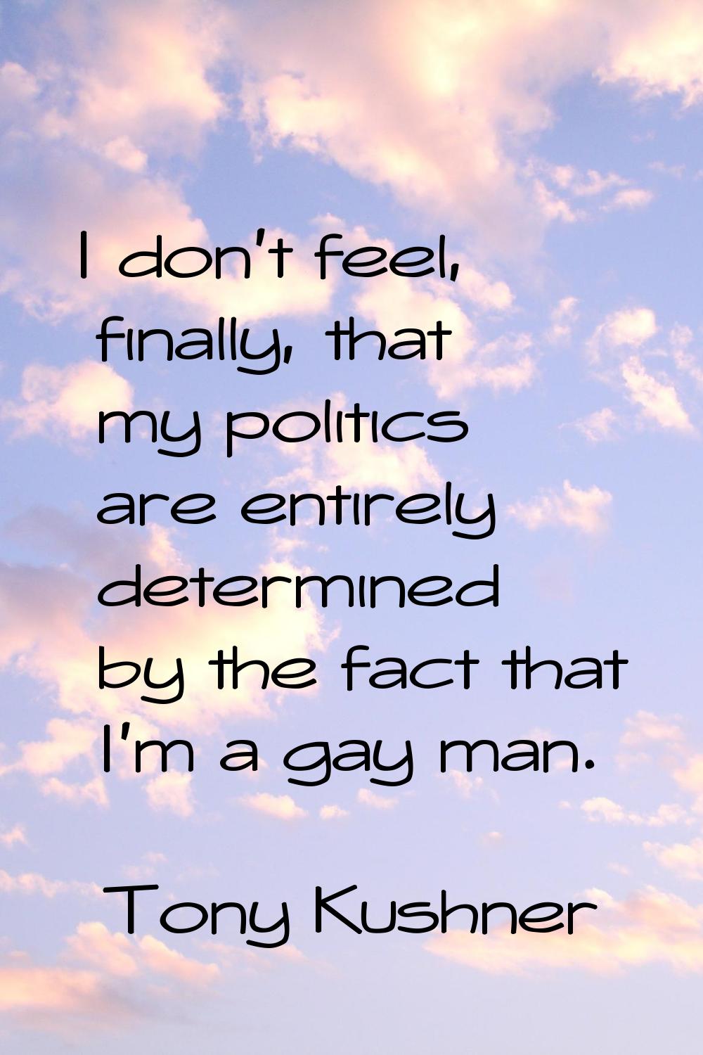 I don't feel, finally, that my politics are entirely determined by the fact that I'm a gay man.
