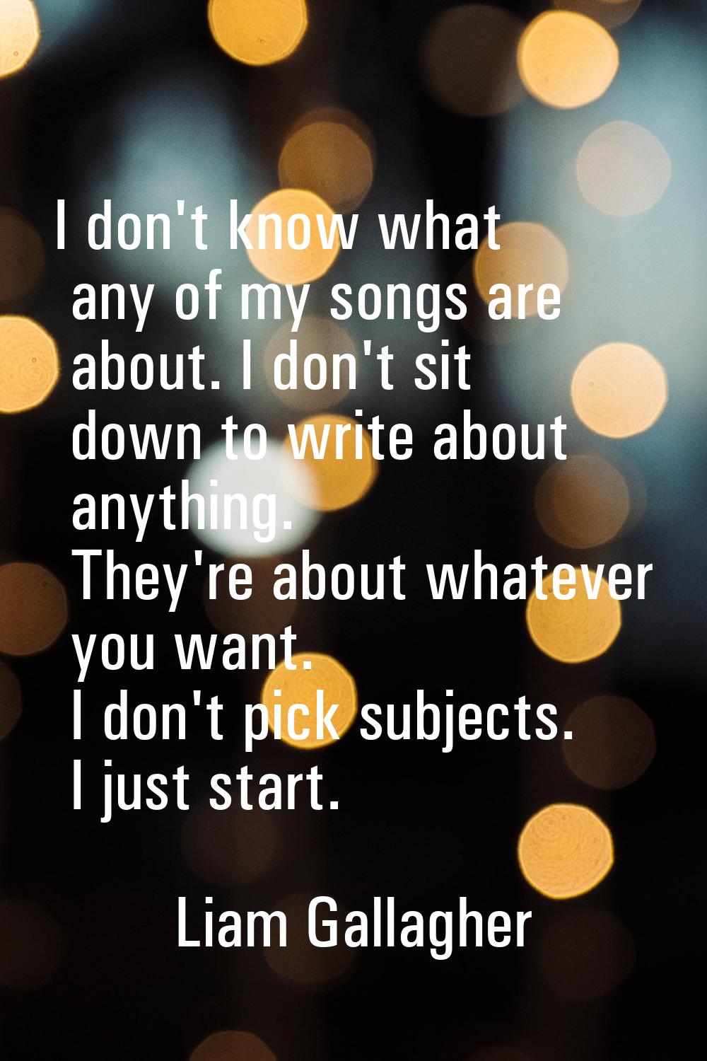 I don't know what any of my songs are about. I don't sit down to write about anything. They're abou
