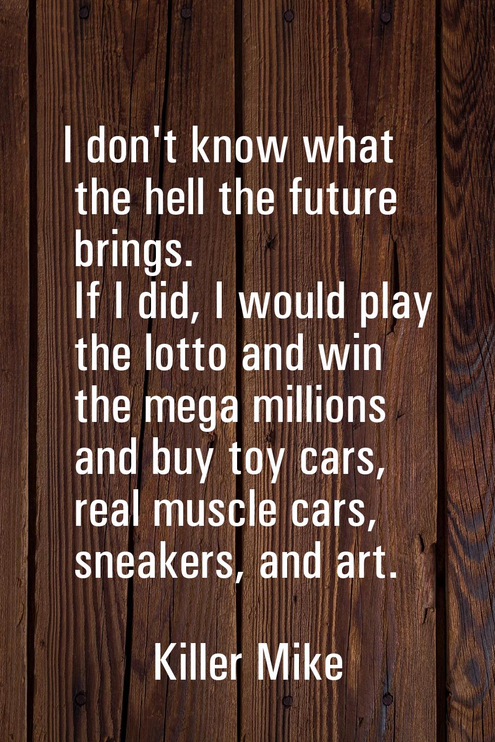 I don't know what the hell the future brings. If I did, I would play the lotto and win the mega mil