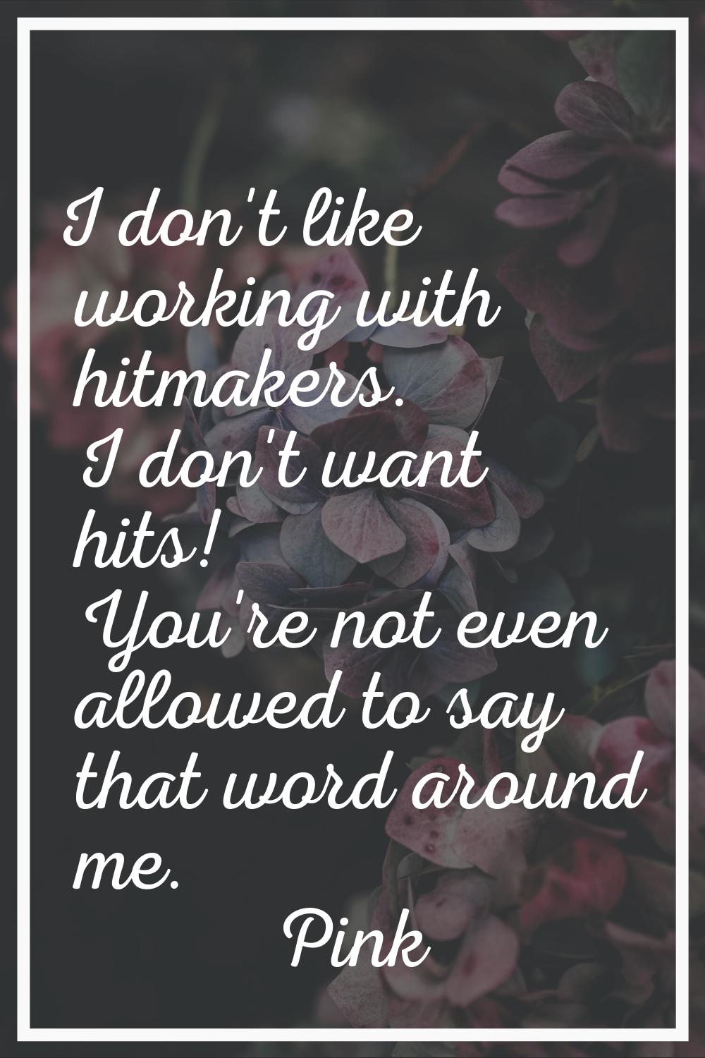 I don't like working with hitmakers. I don't want hits! You're not even allowed to say that word ar