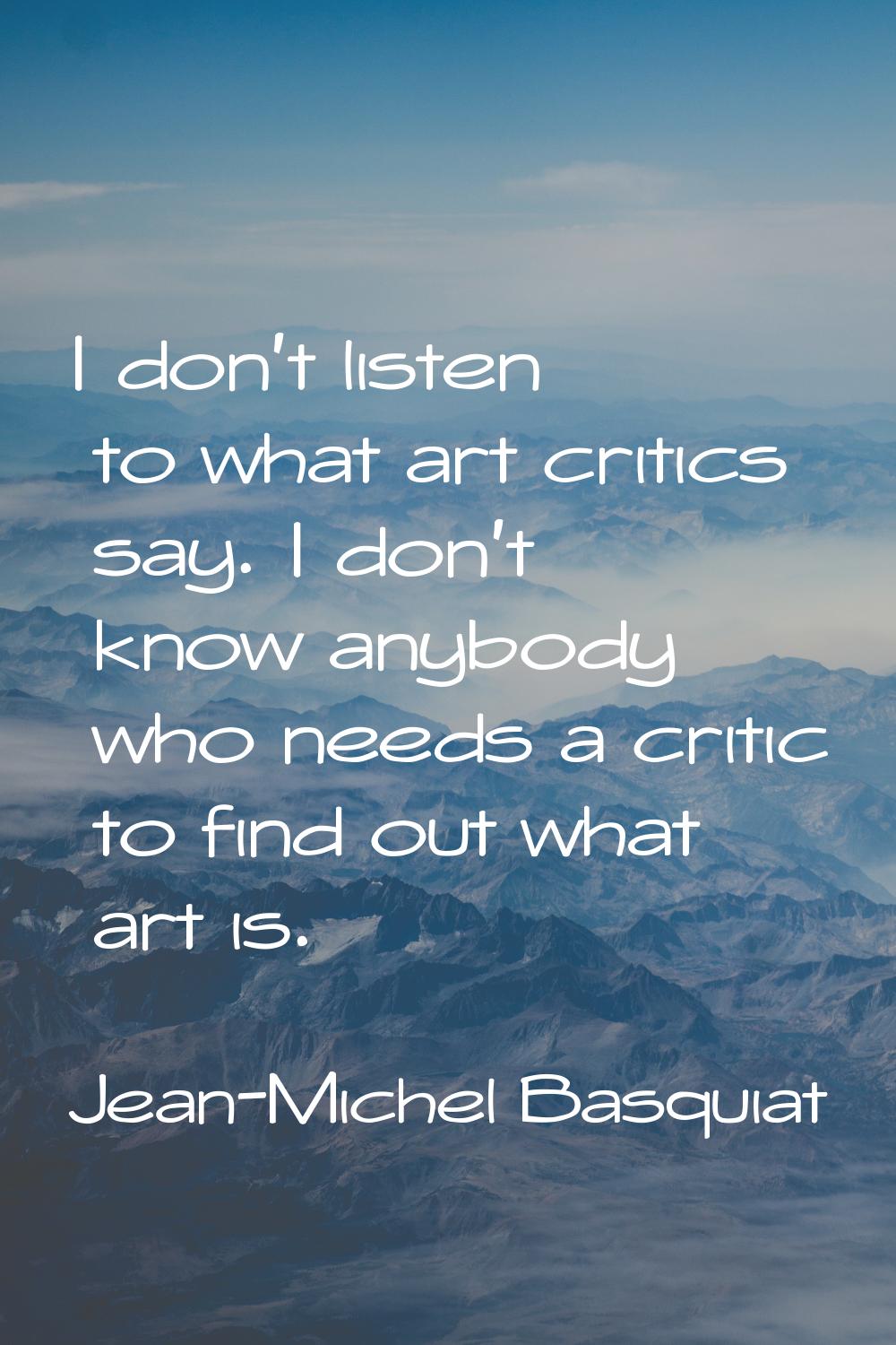 I don't listen to what art critics say. I don't know anybody who needs a critic to find out what ar