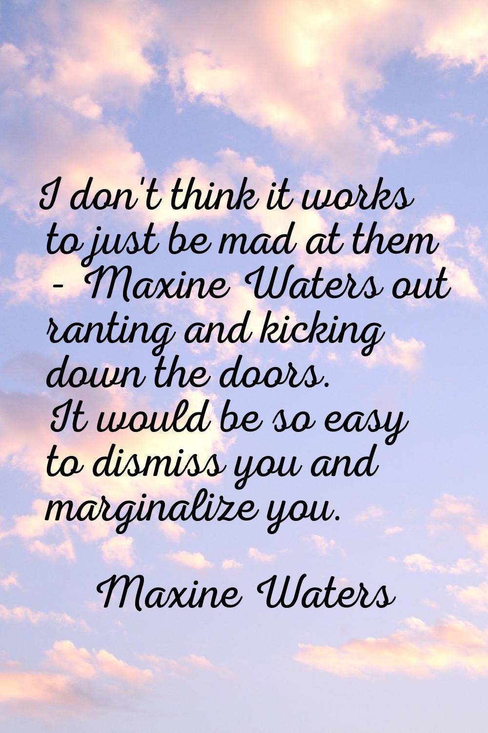 I don't think it works to just be mad at them - Maxine Waters out ranting and kicking down the door