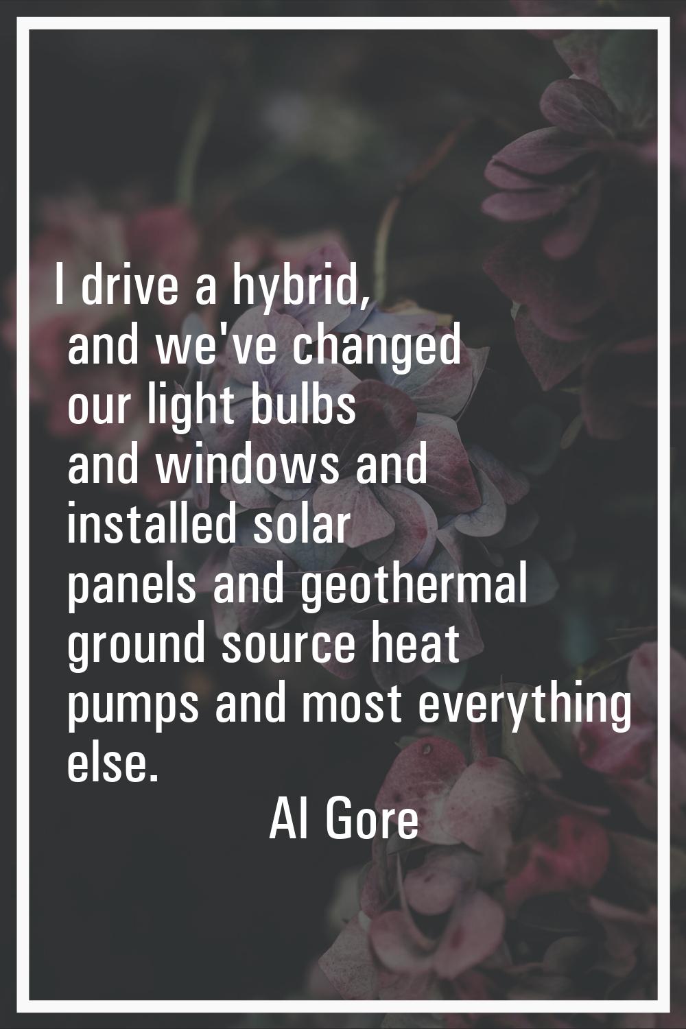 I drive a hybrid, and we've changed our light bulbs and windows and installed solar panels and geot