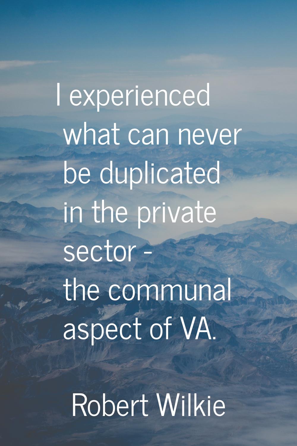 I experienced what can never be duplicated in the private sector - the communal aspect of VA.