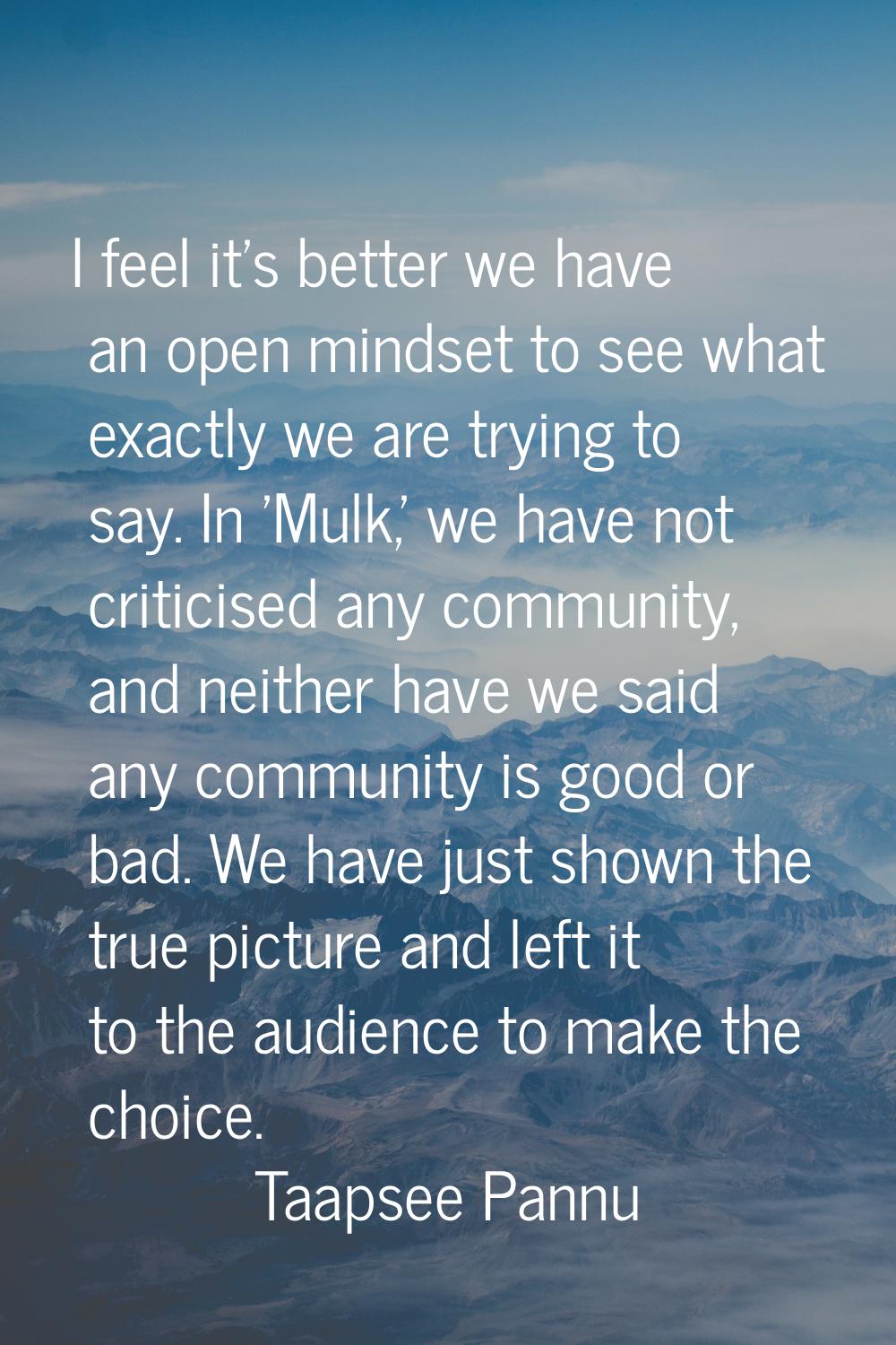 I feel it's better we have an open mindset to see what exactly we are trying to say. In 'Mulk,' we 
