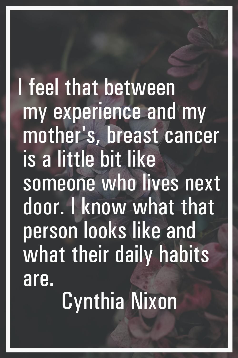 I feel that between my experience and my mother's, breast cancer is a little bit like someone who l
