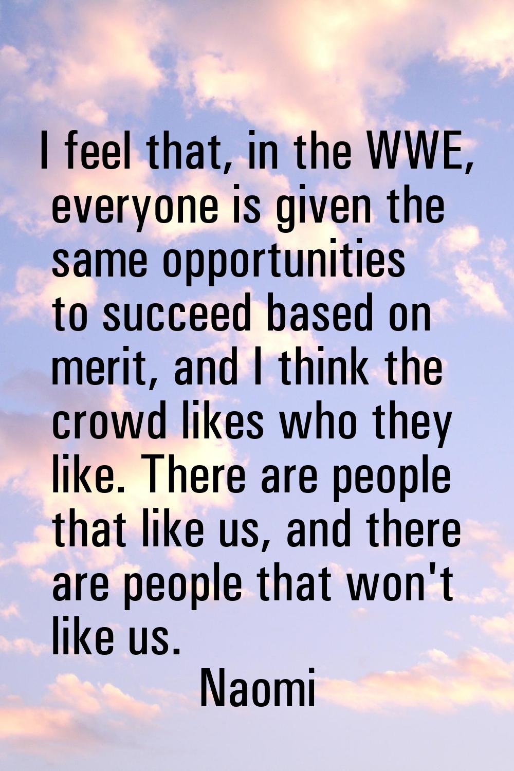 I feel that, in the WWE, everyone is given the same opportunities to succeed based on merit, and I 