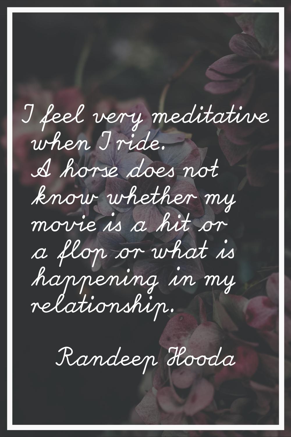 I feel very meditative when I ride. A horse does not know whether my movie is a hit or a flop or wh