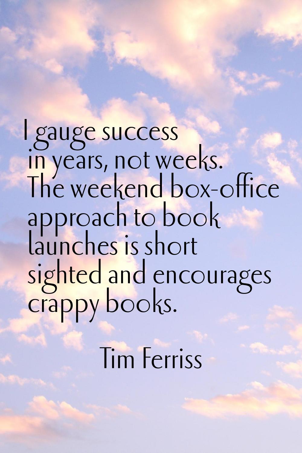 I gauge success in years, not weeks. The weekend box-office approach to book launches is short sigh