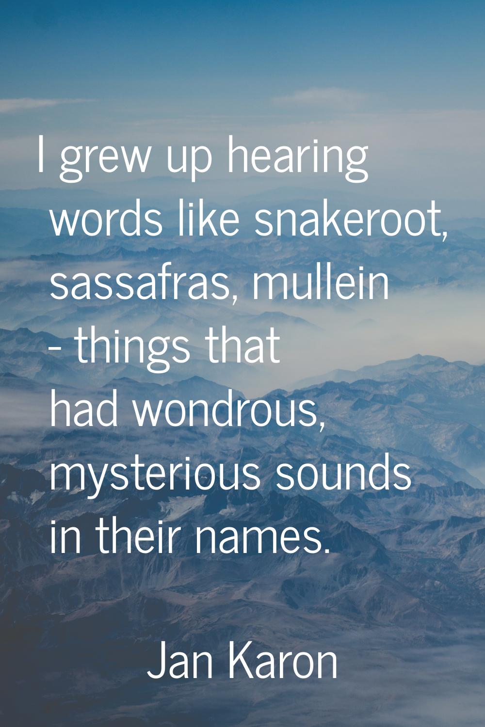 I grew up hearing words like snakeroot, sassafras, mullein - things that had wondrous, mysterious s