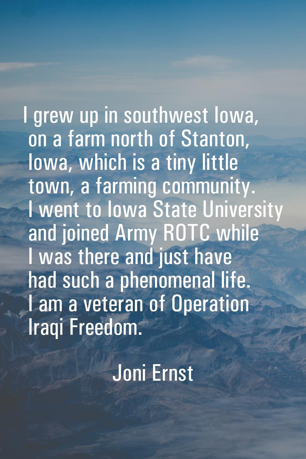 I grew up in southwest Iowa, on a farm north of Stanton, Iowa, which is a tiny little town, a farmi