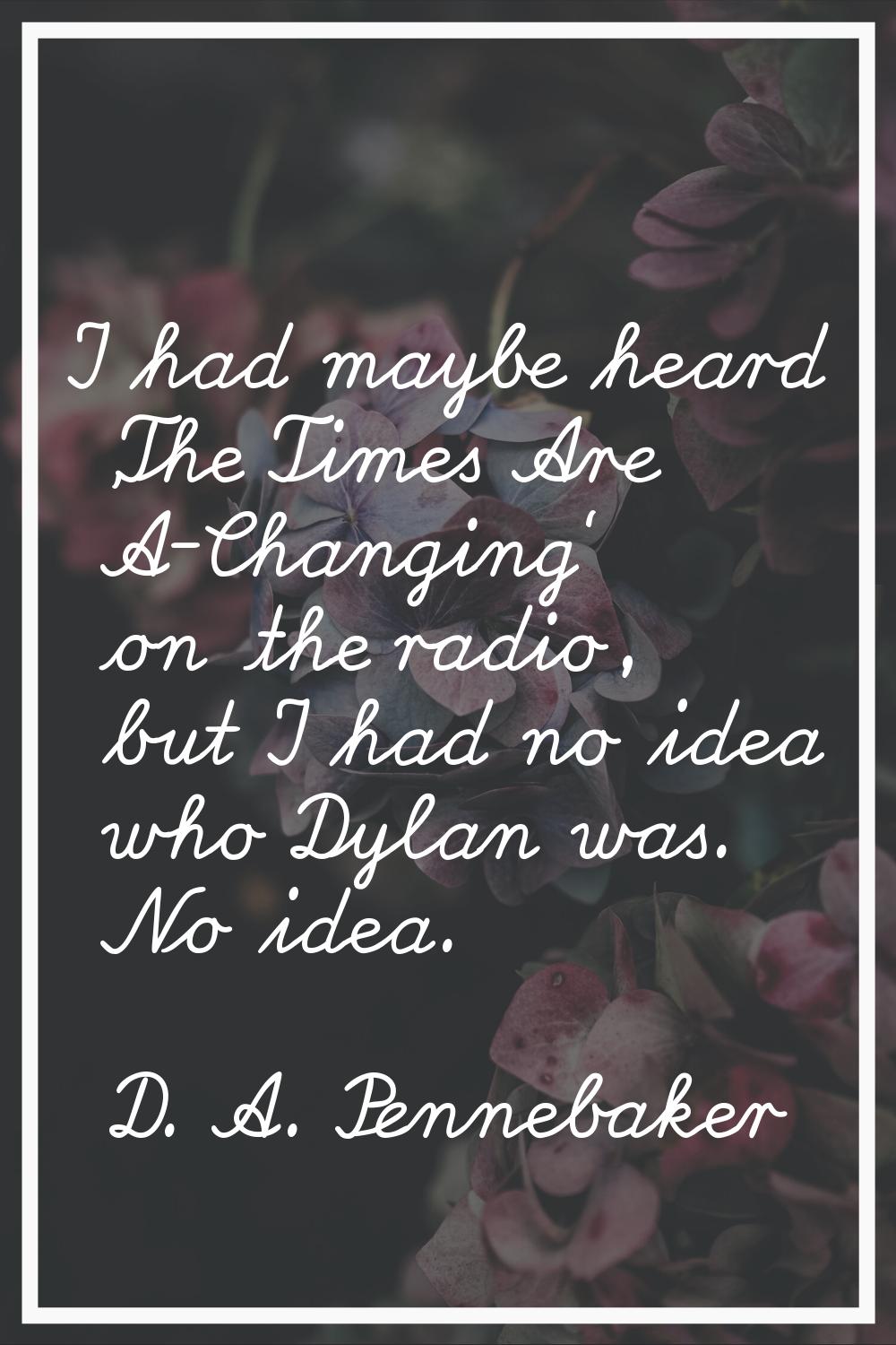 I had maybe heard 'The Times Are A-Changing' on the radio, but I had no idea who Dylan was. No idea