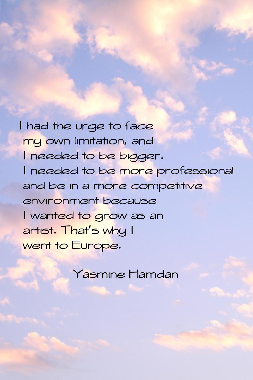 I had the urge to face my own limitation, and I needed to be bigger. I needed to be more profession