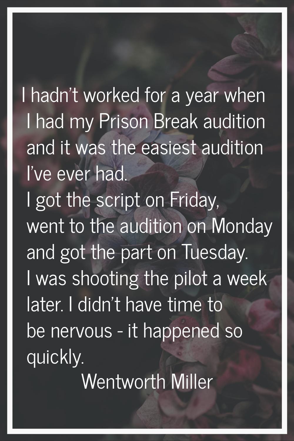 I hadn't worked for a year when I had my Prison Break audition and it was the easiest audition I've