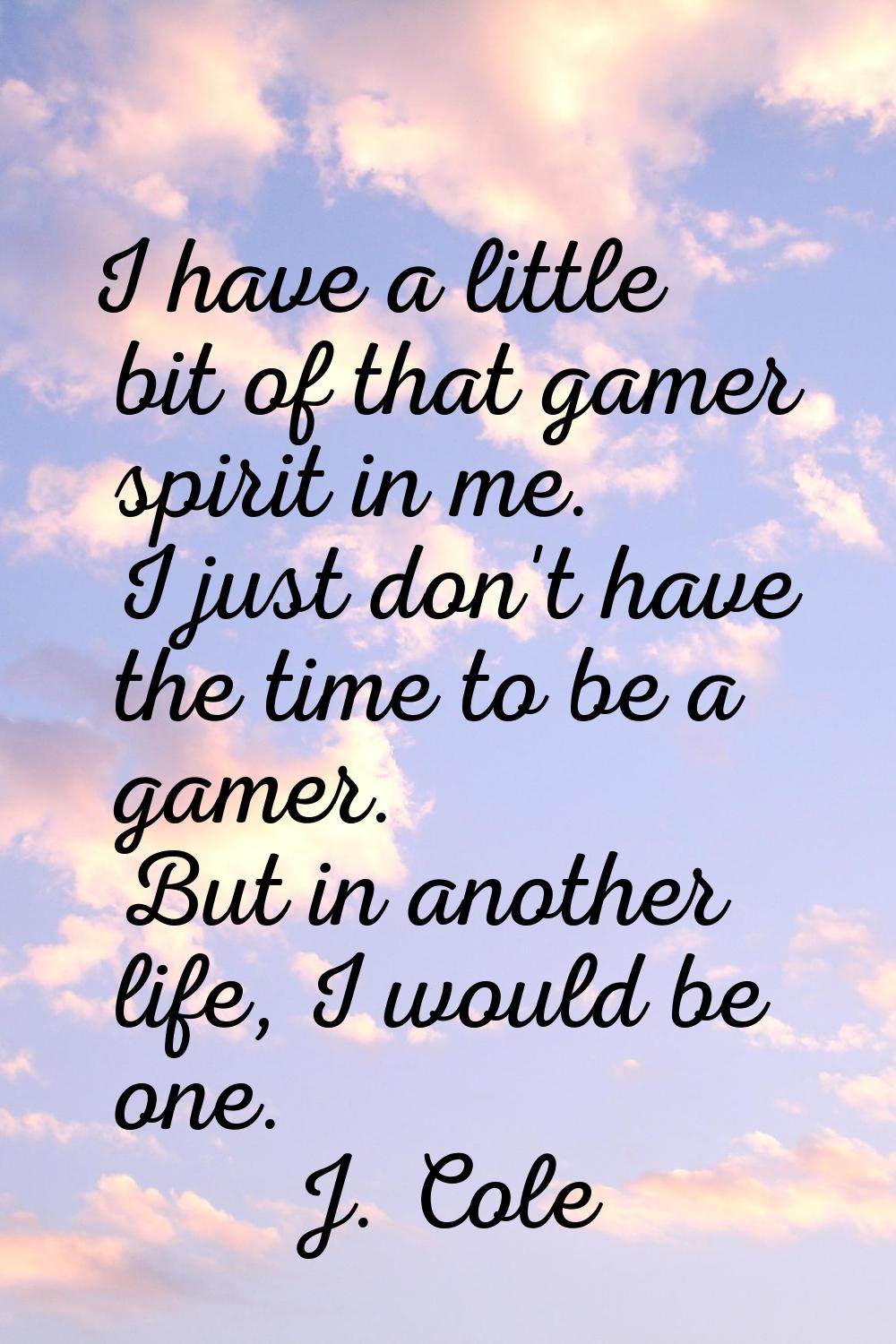 I have a little bit of that gamer spirit in me. I just don't have the time to be a gamer. But in an