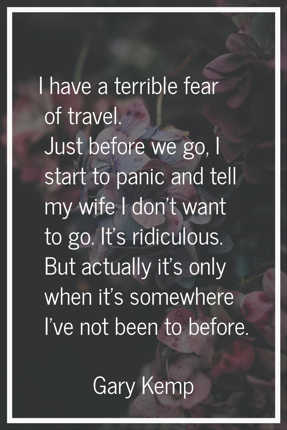 I have a terrible fear of travel. Just before we go, I start to panic and tell my wife I don't want