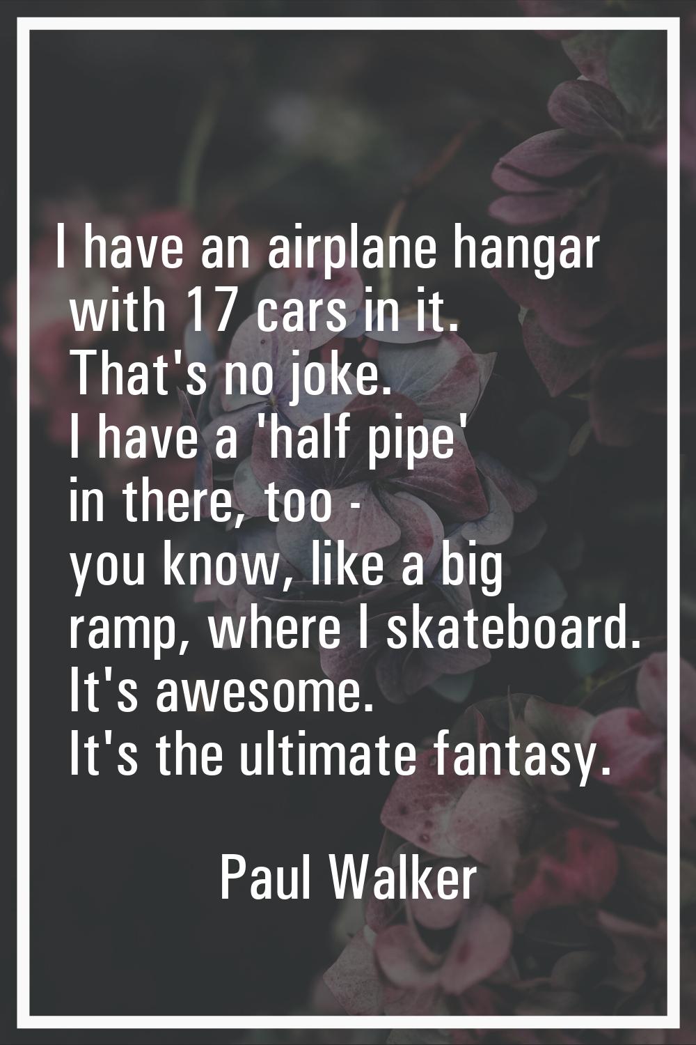 I have an airplane hangar with 17 cars in it. That's no joke. I have a 'half pipe' in there, too - 