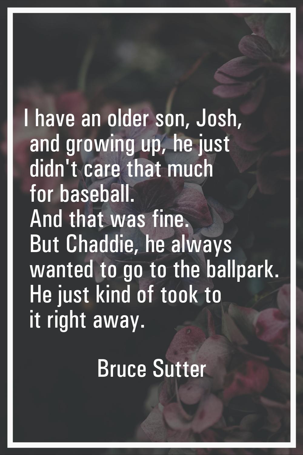 I have an older son, Josh, and growing up, he just didn't care that much for baseball. And that was