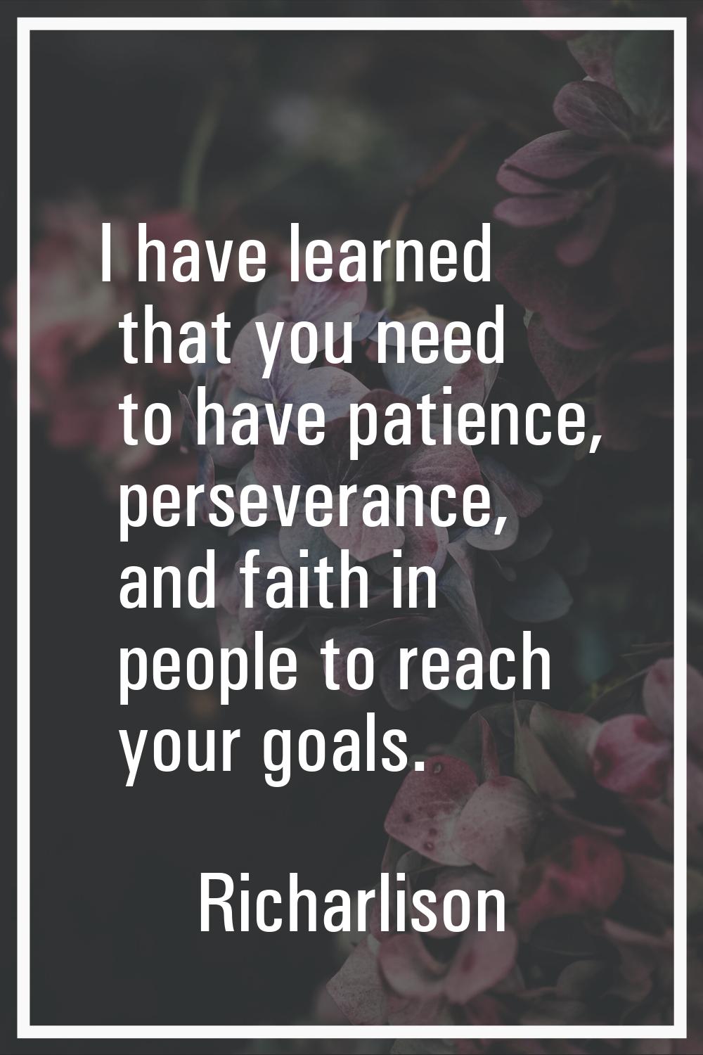 I have learned that you need to have patience, perseverance, and faith in people to reach your goal