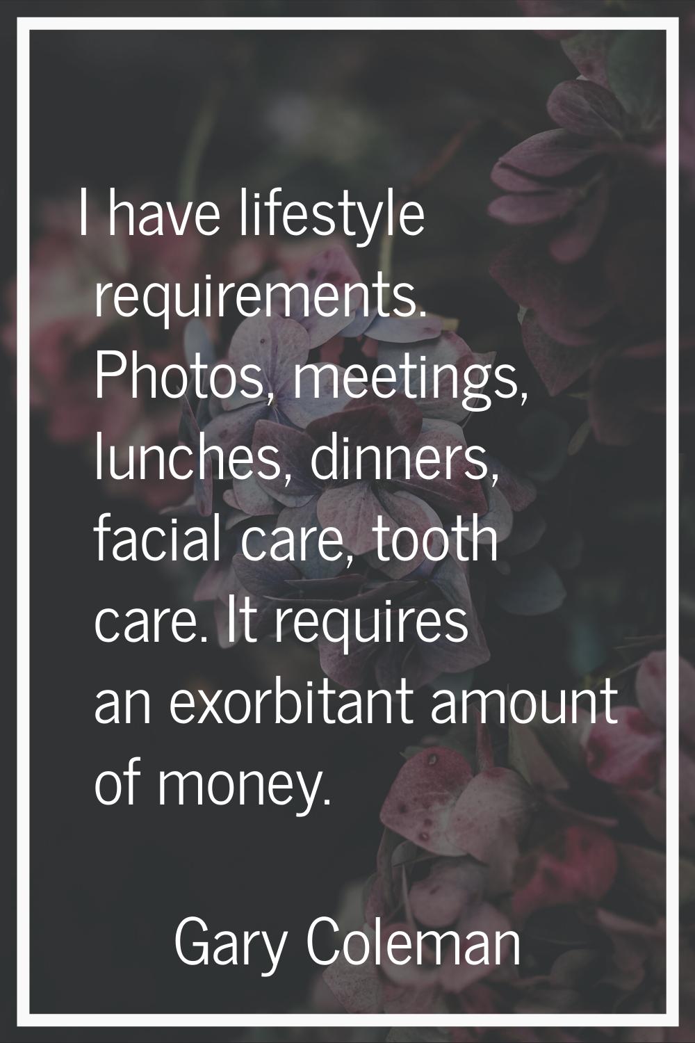 I have lifestyle requirements. Photos, meetings, lunches, dinners, facial care, tooth care. It requ