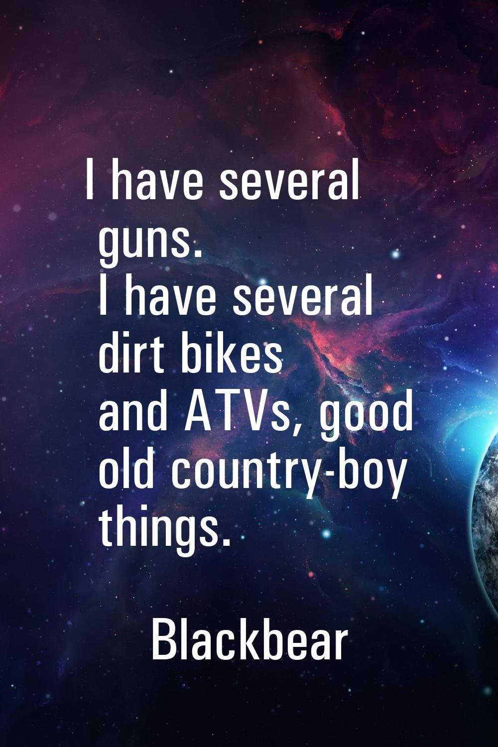 I have several guns. I have several dirt bikes and ATVs, good old country-boy things.