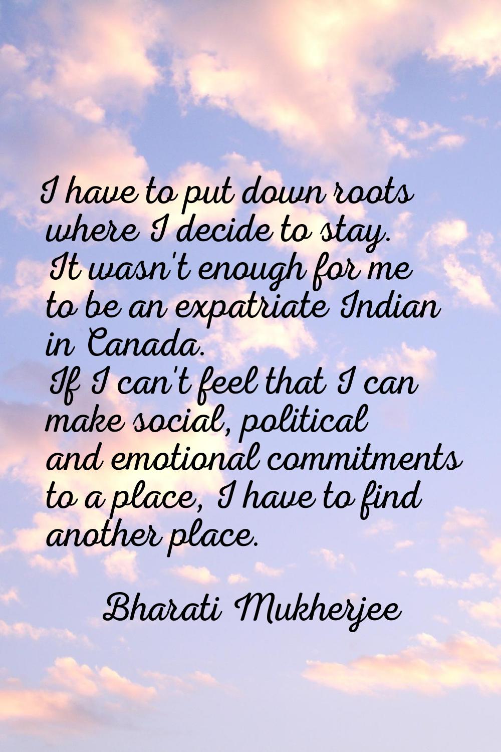 I have to put down roots where I decide to stay. It wasn't enough for me to be an expatriate Indian