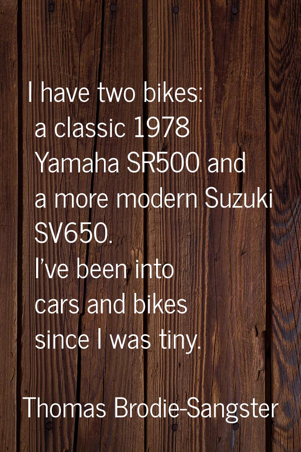 I have two bikes: a classic 1978 Yamaha SR500 and a more modern Suzuki SV650. I've been into cars a
