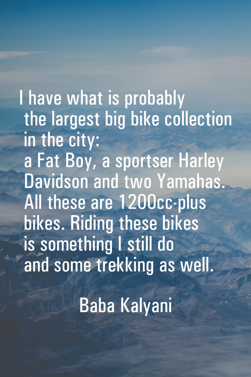 I have what is probably the largest big bike collection in the city: a Fat Boy, a sportser Harley D