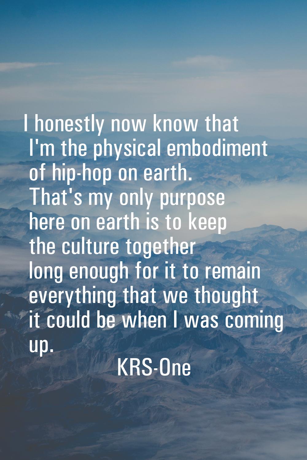 I honestly now know that I'm the physical embodiment of hip-hop on earth. That's my only purpose he
