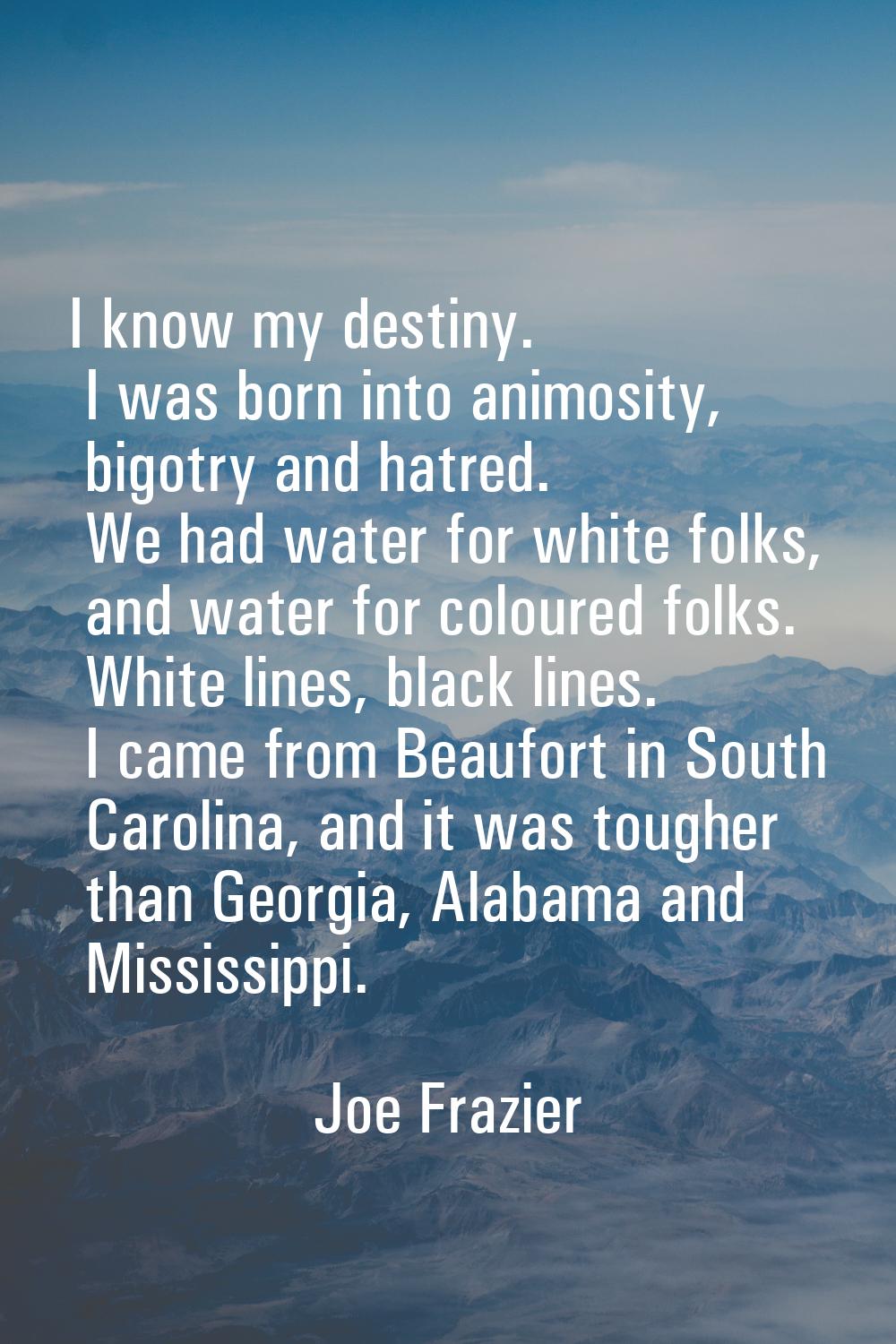 I know my destiny. I was born into animosity, bigotry and hatred. We had water for white folks, and