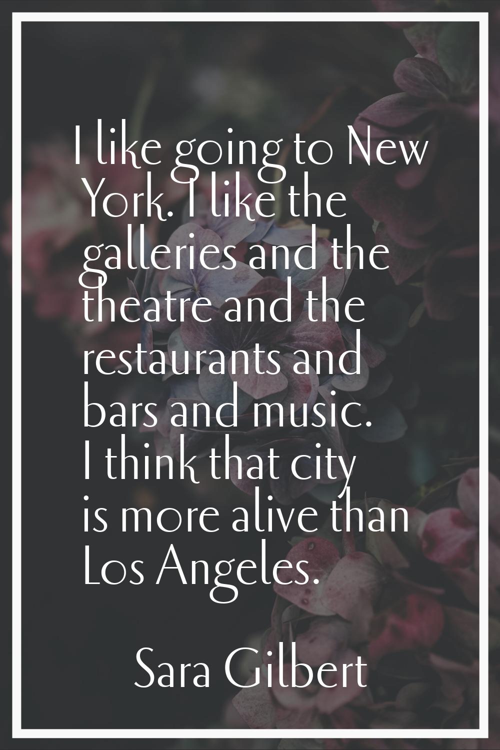 I like going to New York. I like the galleries and the theatre and the restaurants and bars and mus
